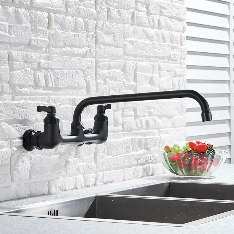 Matte black dual handle kitchen faucet with swivel hot cold water tap