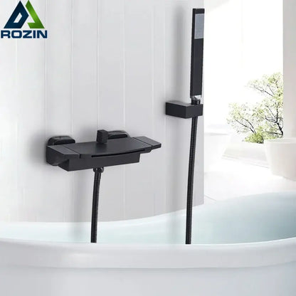 Matte black dual handle waterfall mixer tap with handshower bathroom