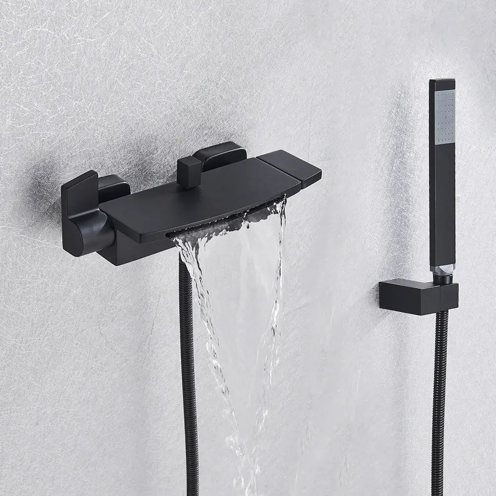 Matte black dual handle waterfall mixer tap with handshower bathroom