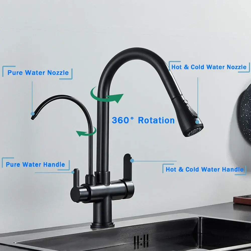 Matte black dual modes kitchen faucet with pull down sprayer