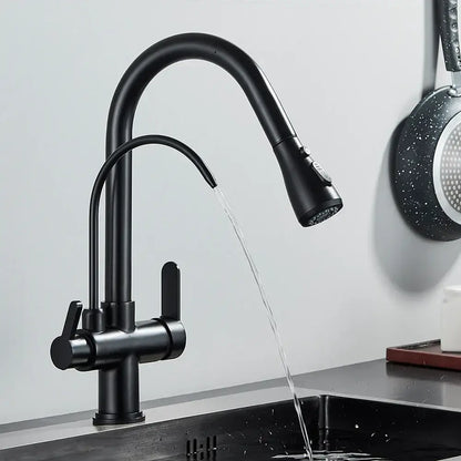 Matte black dual modes kitchen faucet with pull down sprayer