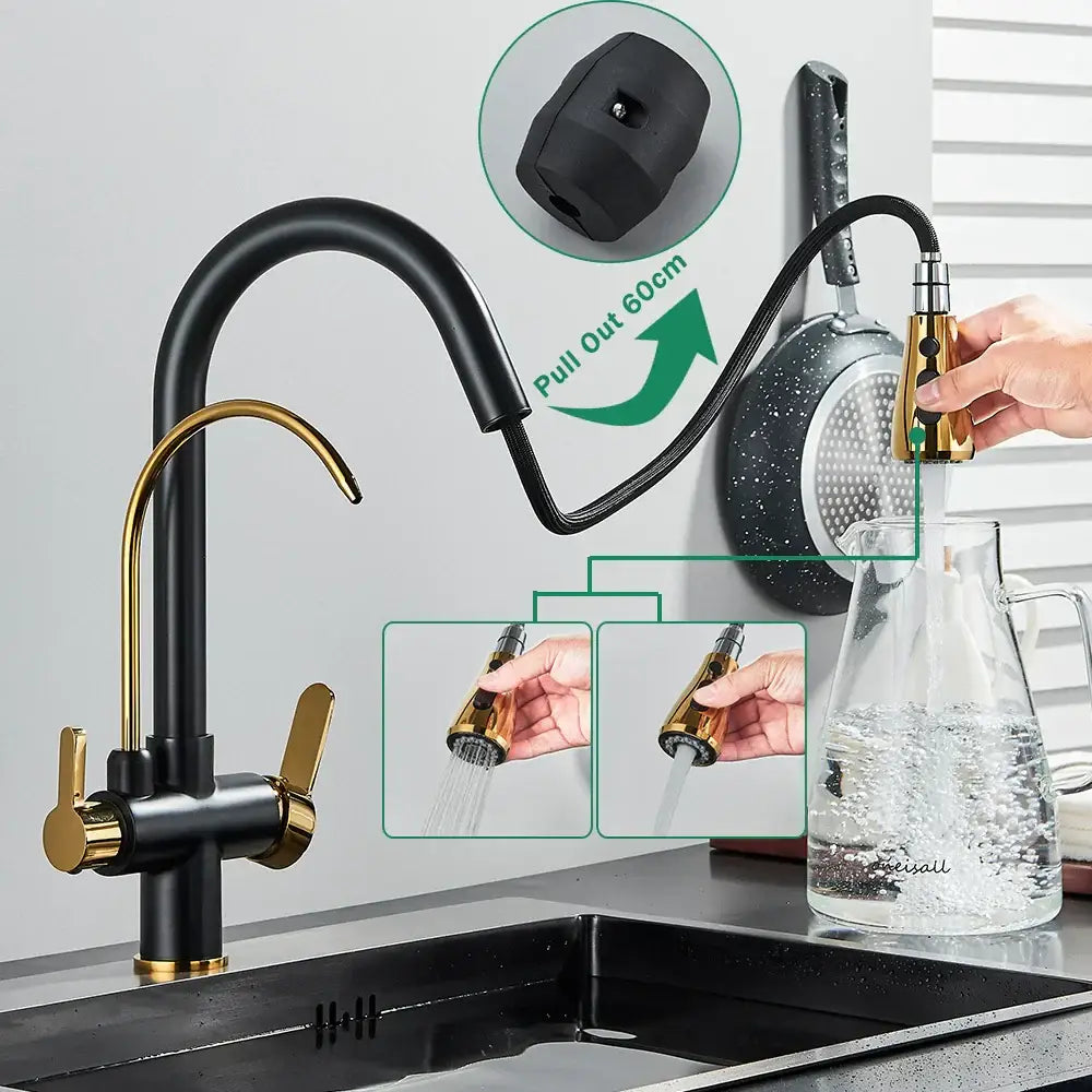 Matte black dual modes kitchen faucet with pull down sprayer