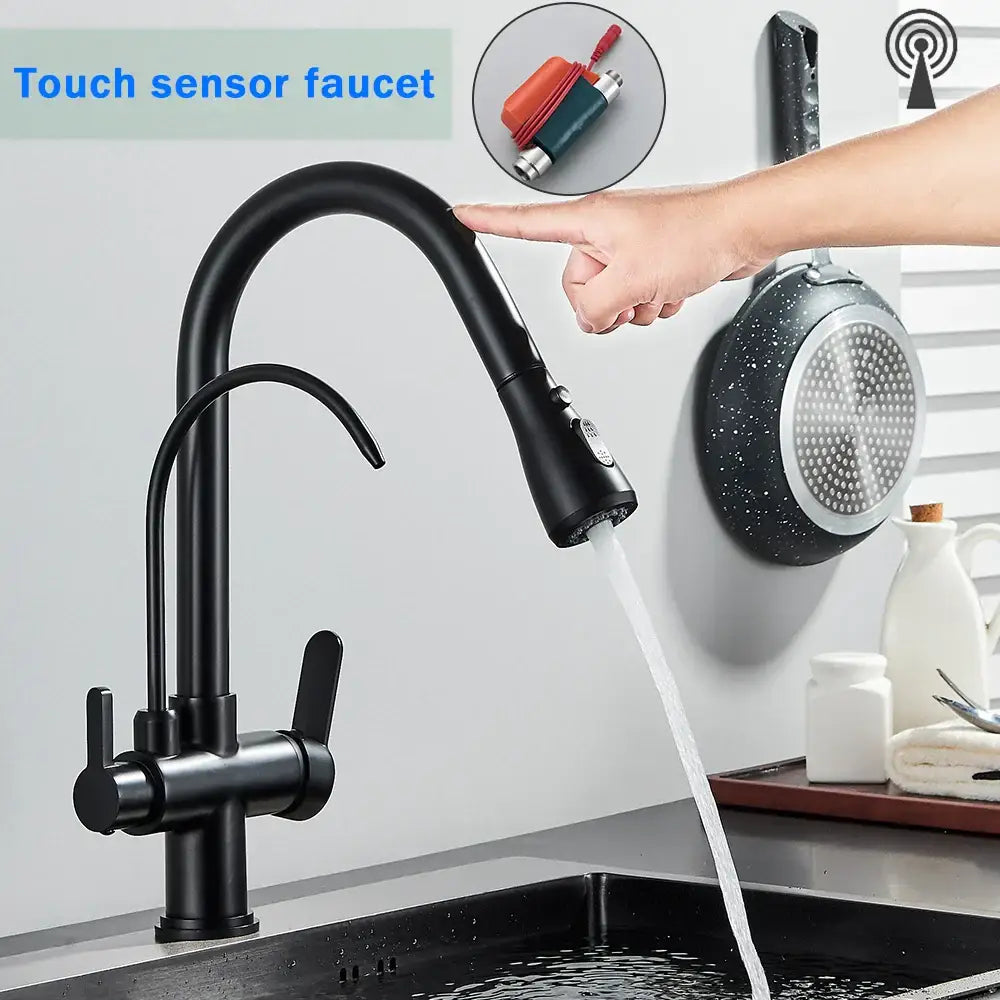 Matte black dual modes kitchen faucet with pull down sprayer