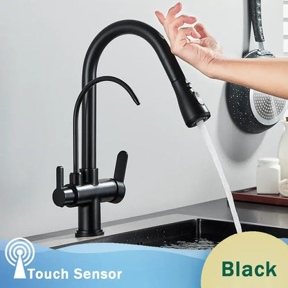 Matte black dual modes kitchen faucet with pull down sprayer