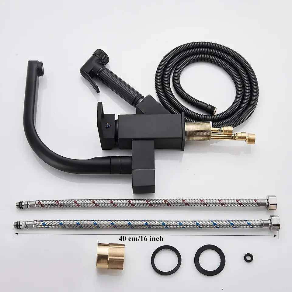 Matte black dual spout kitchen faucet with pull out spray mixer
