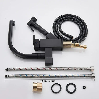 Matte black dual spout kitchen faucet with pull out spray mixer