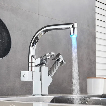 Matte black dual spout kitchen faucet with pull out spray mixer