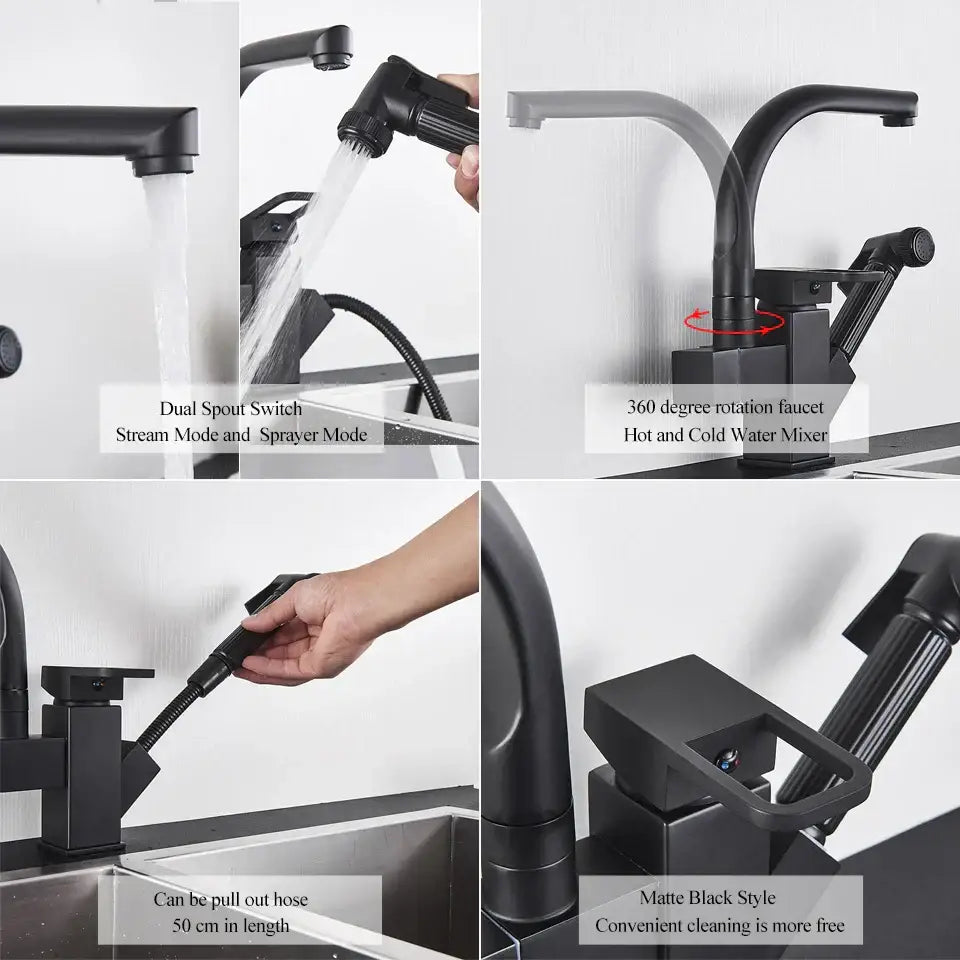 Matte black dual spout kitchen faucet with pull out spray mixer