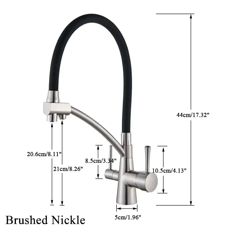 Matte black dual spout kitchen faucet with water purification