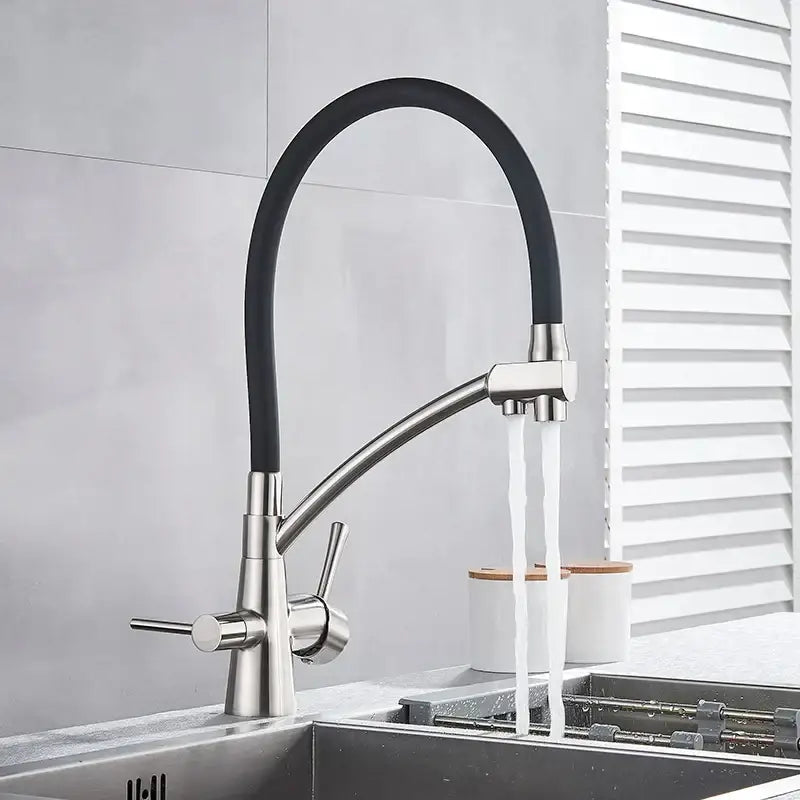 Matte black dual spout kitchen faucet with water purification