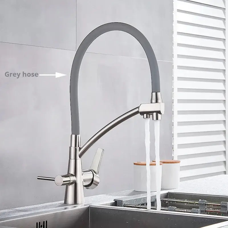 Matte black dual spout kitchen faucet with water purification
