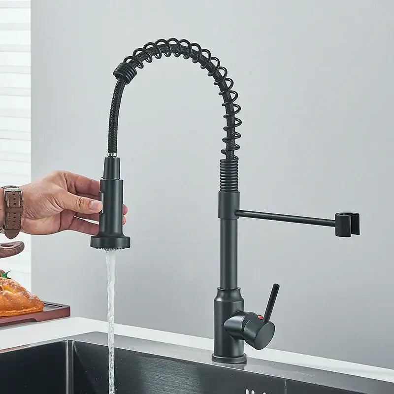 Matte black flexible kitchen faucet with pull down sprayer nozzle