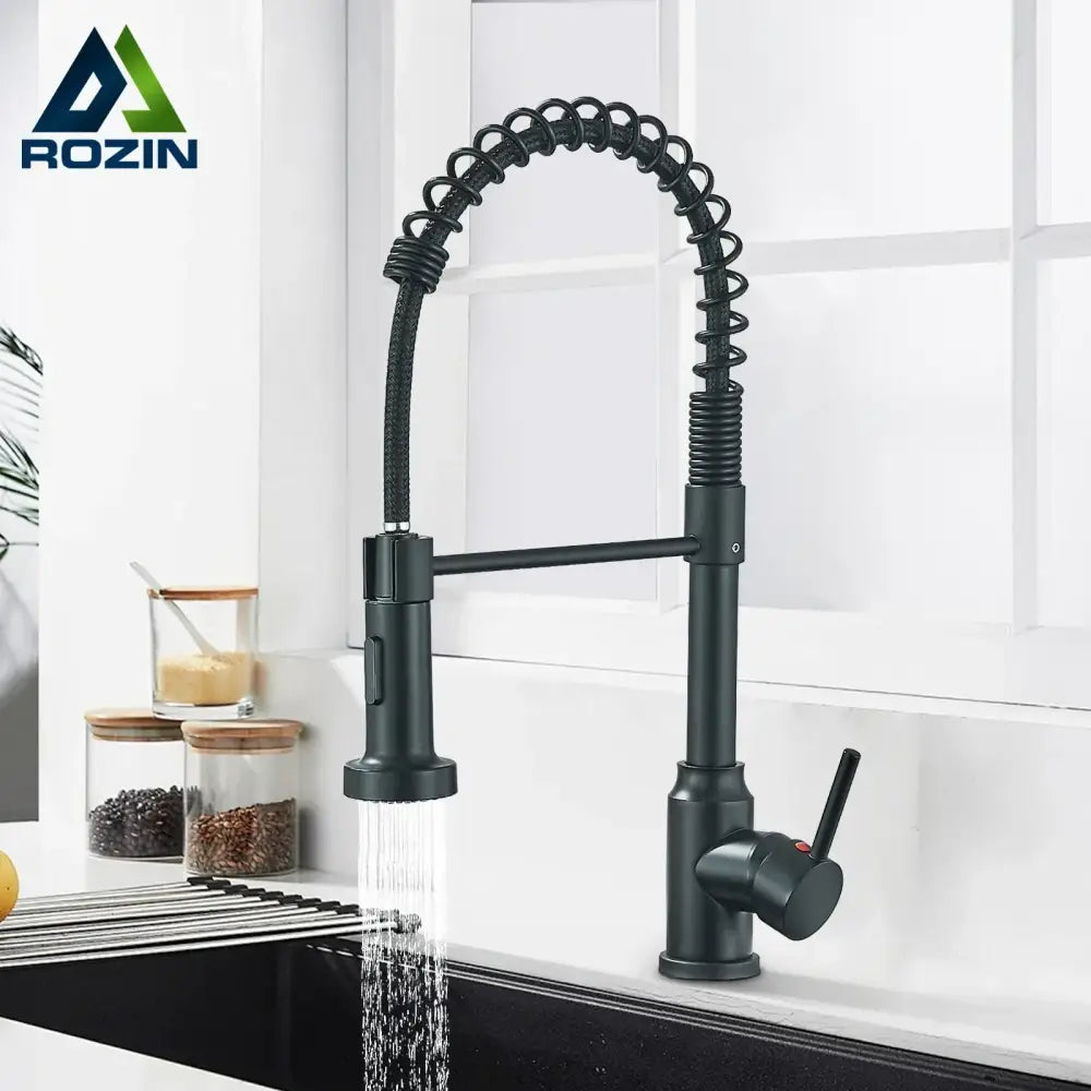 Matte black flexible kitchen faucet with pull down sprayer nozzle