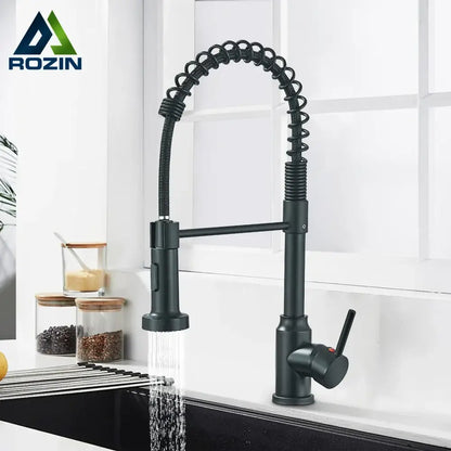 Matte black flexible kitchen faucet with pull down sprayer nozzle