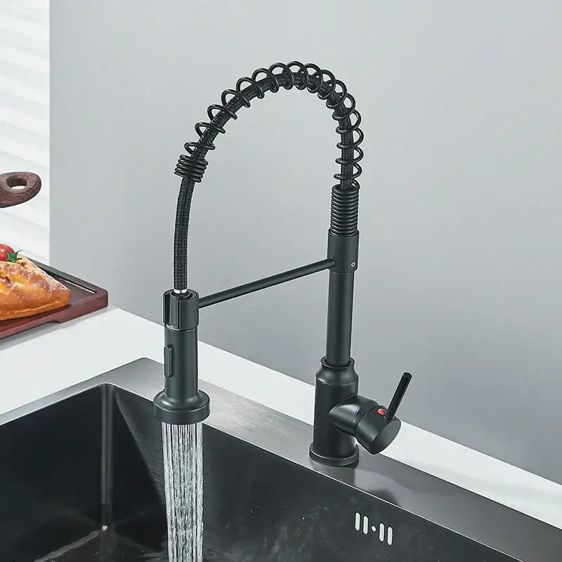 Matte black flexible kitchen faucet with pull down sprayer nozzle
