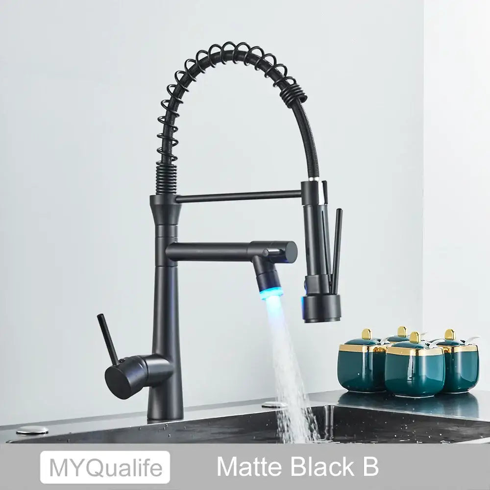 Matte black flexible led kitchen faucet with dual spout mixer