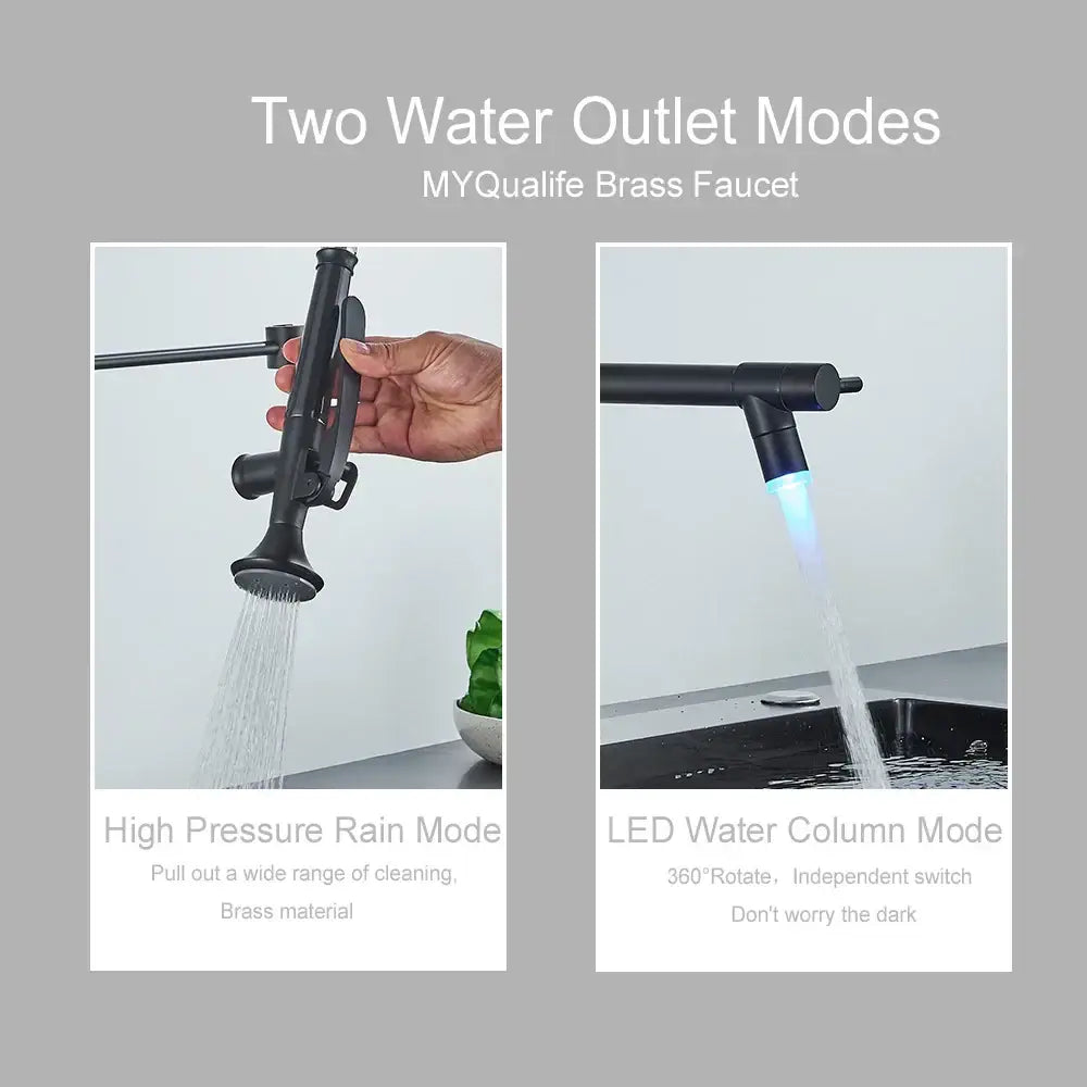 Matte black flexible led kitchen faucet with dual spout mixer