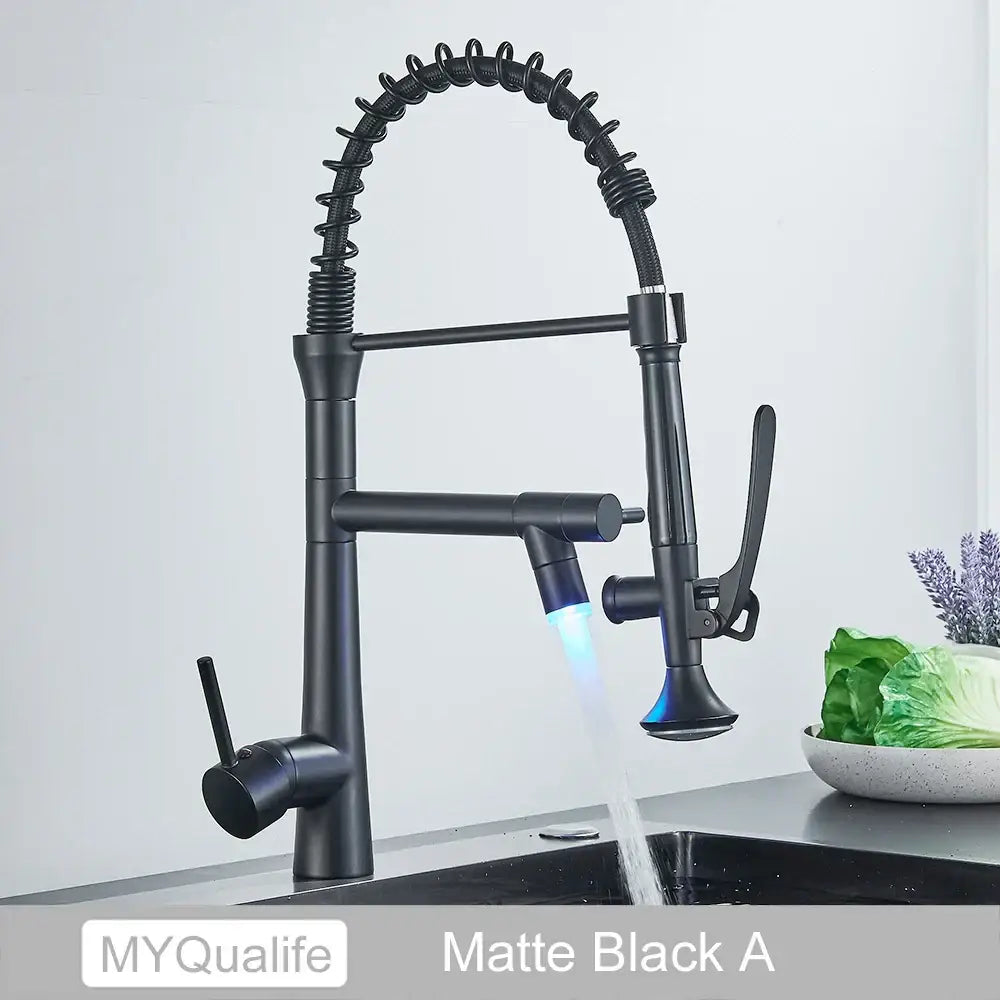Matte black flexible led kitchen faucet with dual spout mixer