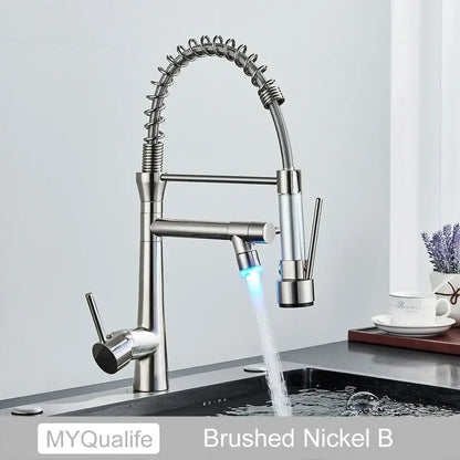 Matte black flexible led kitchen faucet with dual spout mixer