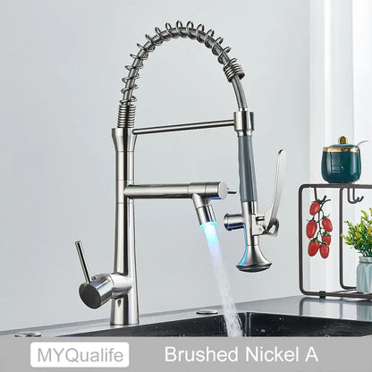 Matte black flexible led kitchen faucet with dual spout mixer