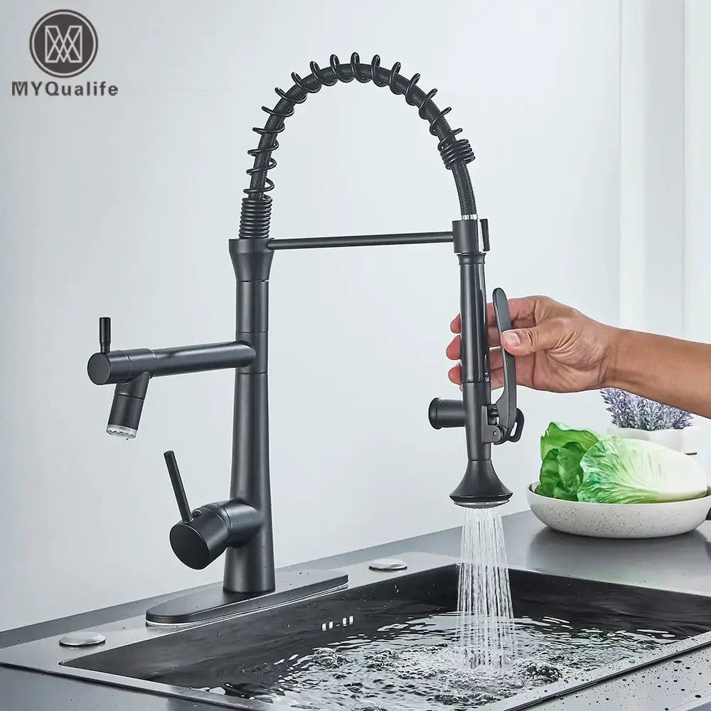 Matte black flexible led kitchen faucet with dual spout mixer