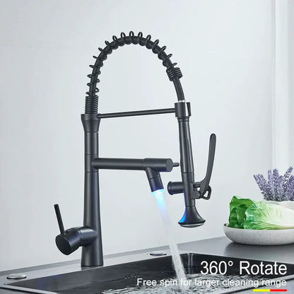 Matte black flexible led kitchen faucet with dual spout mixer