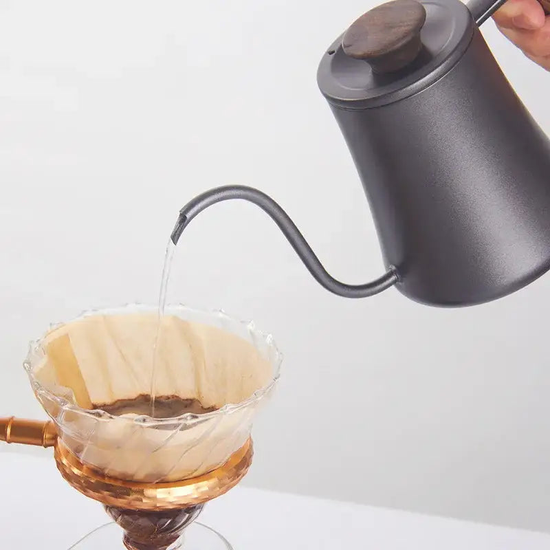 Matte black gooseneck pour over kettle with wood handle kitchen accessory