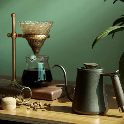 Matte black gooseneck pour over kettle with wood handle kitchen accessory