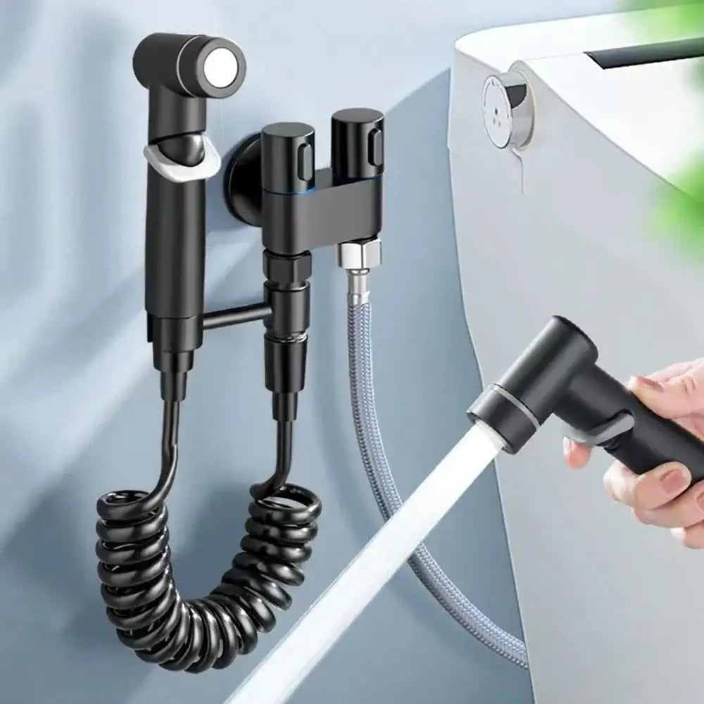 Matte black hygienic bidet sprayer with coiled hose for bathroom