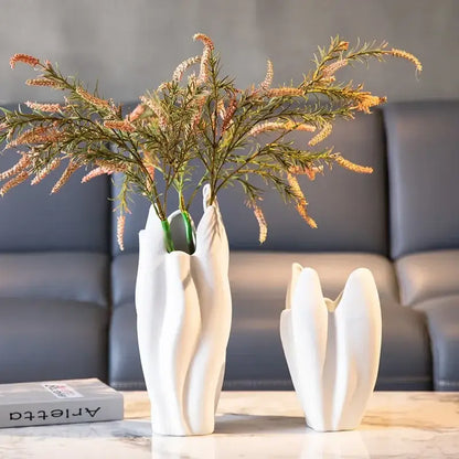 Matte black irregular pleated ceramic vase set living room decor