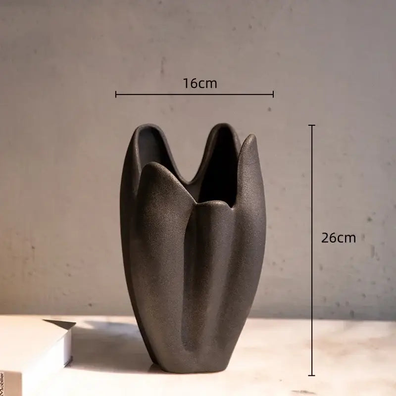 Matte black irregular pleated ceramic vase set living room decor