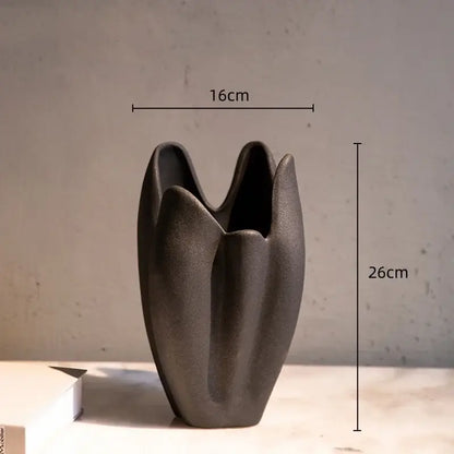 Matte black irregular pleated ceramic vase set living room decor