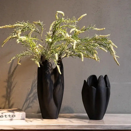 Matte black irregular pleated ceramic vase set living room decor