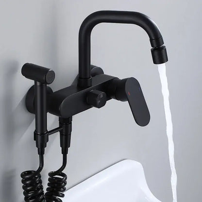 Matte black kitchen mixer tap with integrated handheld showerhead
