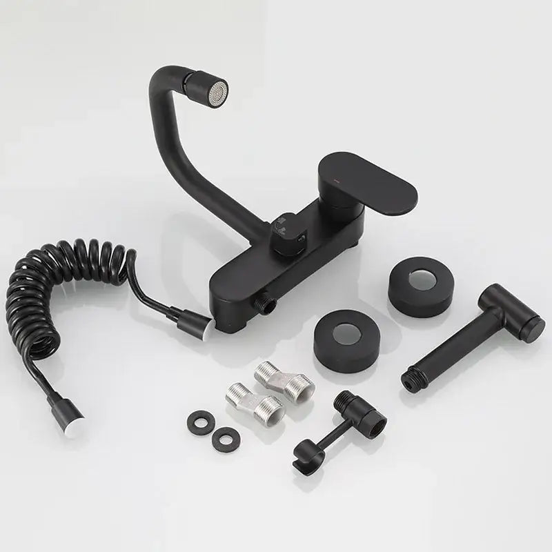 Matte black kitchen mixer tap with integrated handheld showerhead