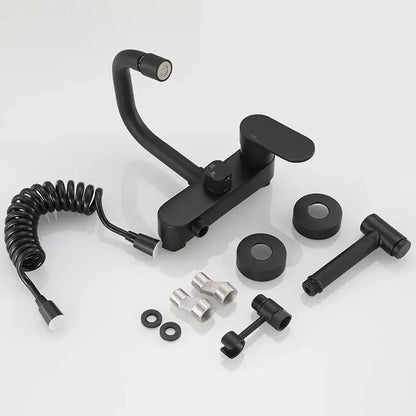 Matte black kitchen mixer tap with integrated handheld showerhead