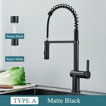 Matte black kitchen sink faucet with pull down spring sprayer