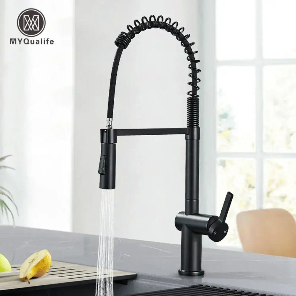 Matte black kitchen sink faucet with pull down spring sprayer