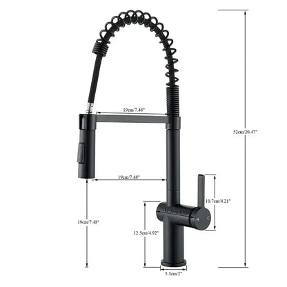 Matte black kitchen sink faucet with pull down spring sprayer
