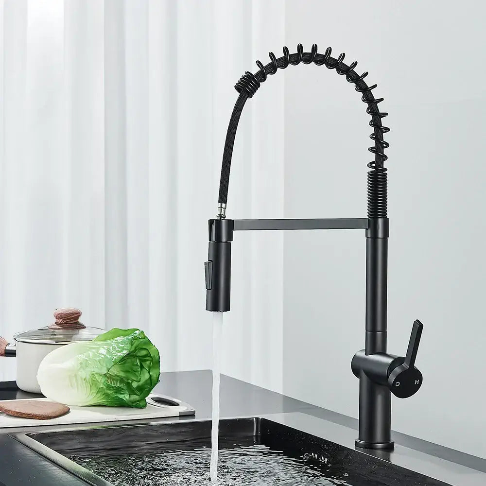 Matte black kitchen sink faucet with pull down spring sprayer