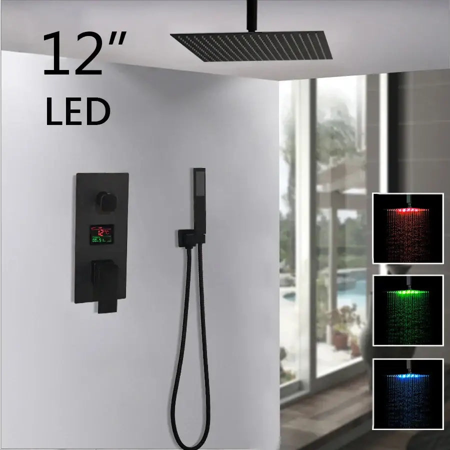 Matte black led digital shower faucet set bathroom rain head