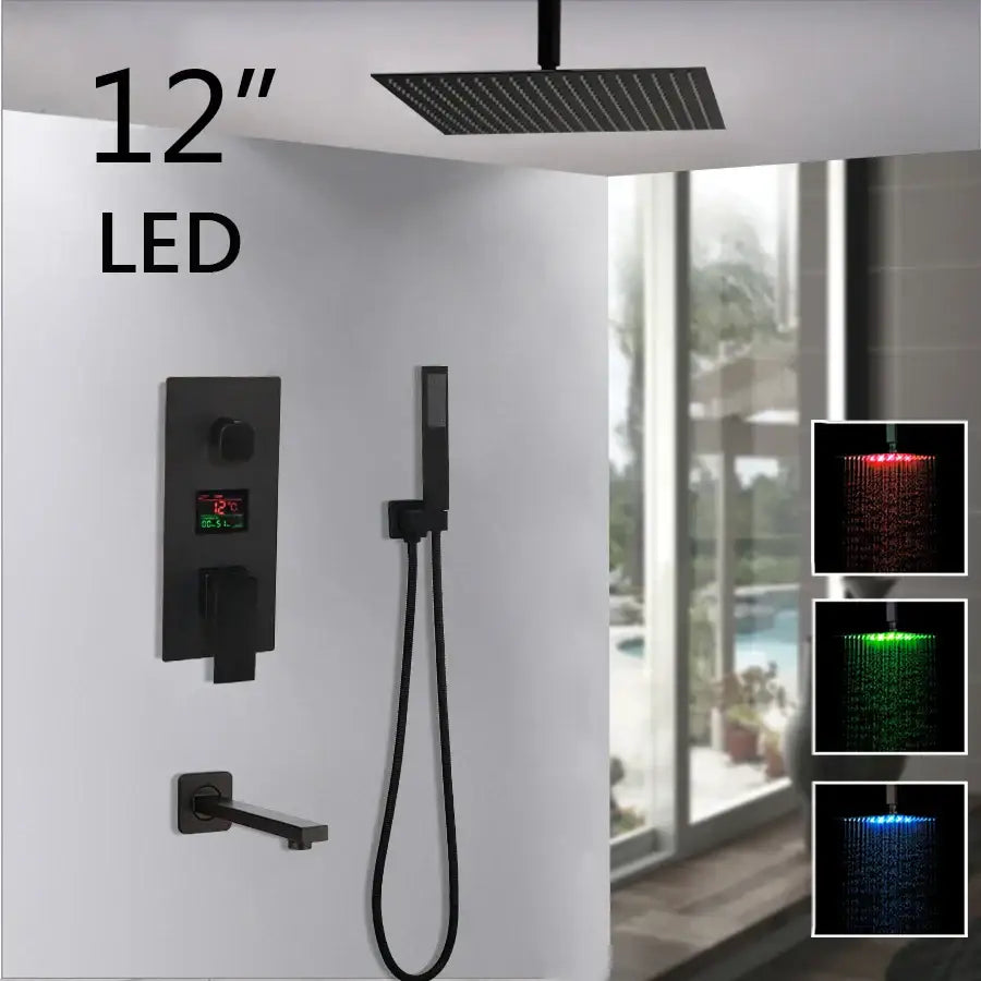 Matte black led digital shower faucet set bathroom rain head