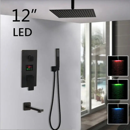 Matte black led digital shower faucet set bathroom rain head