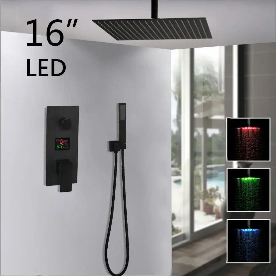 Matte black led digital shower faucet set bathroom rain head