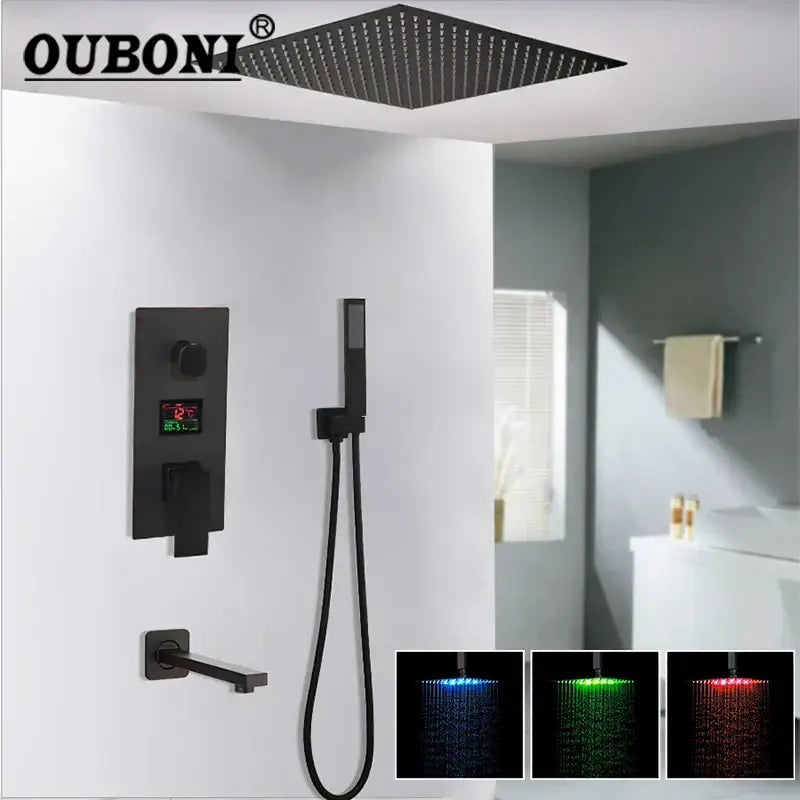 Matte black led digital shower faucet set bathroom rain head