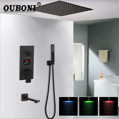 Matte black led digital shower faucet set bathroom rain head