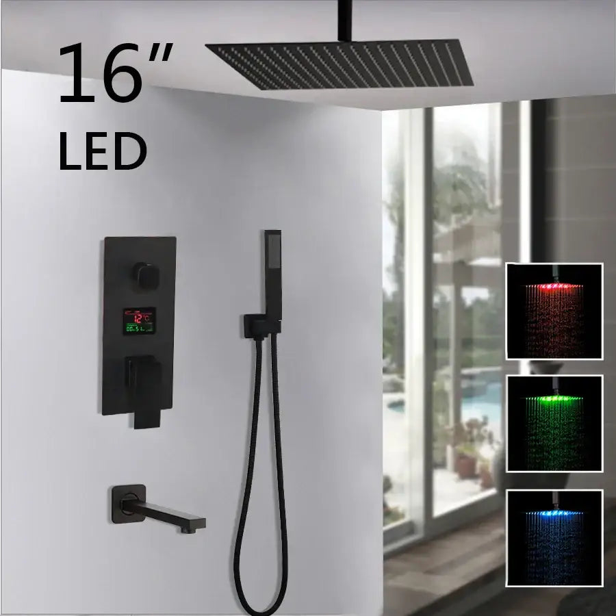 Matte black led digital shower faucet set bathroom rain head