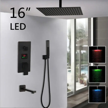 Matte black led digital shower faucet set bathroom rain head