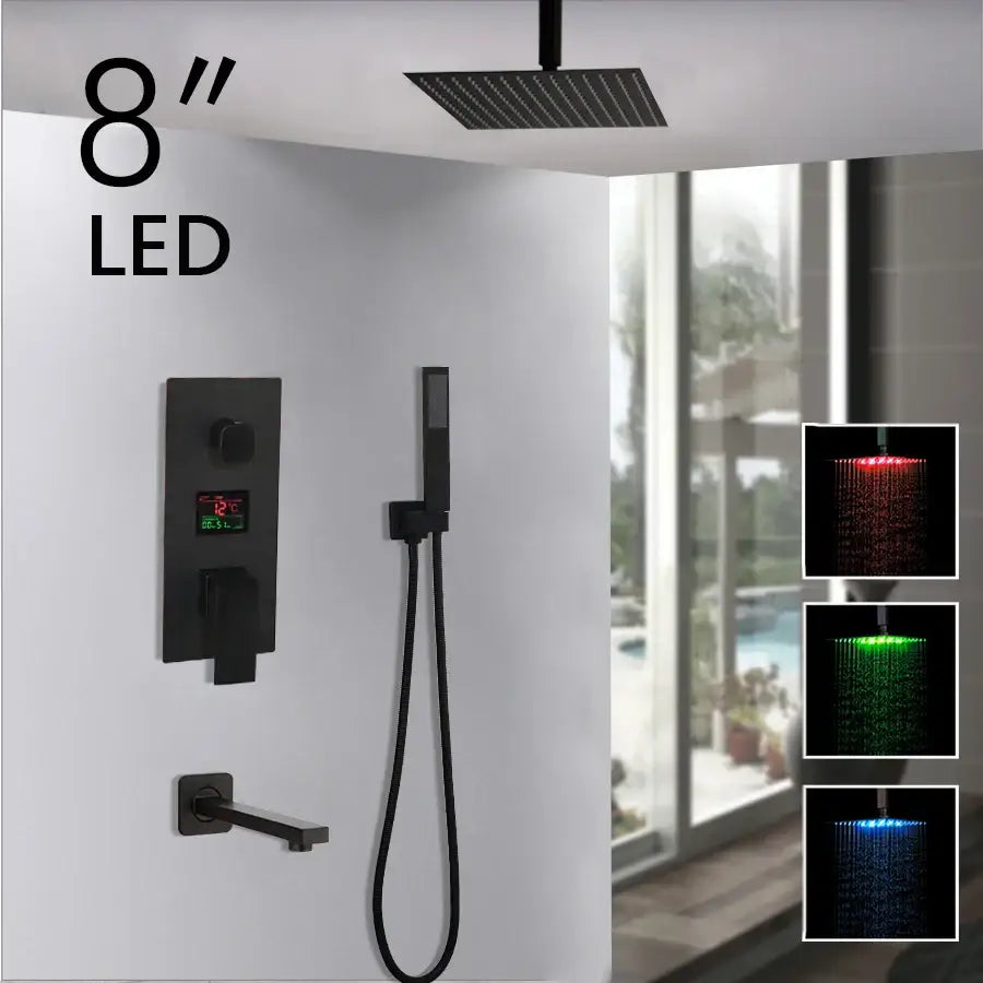 Matte black led digital shower faucet set bathroom rain head