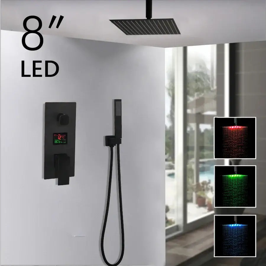 Matte black led digital shower faucet set bathroom rain head